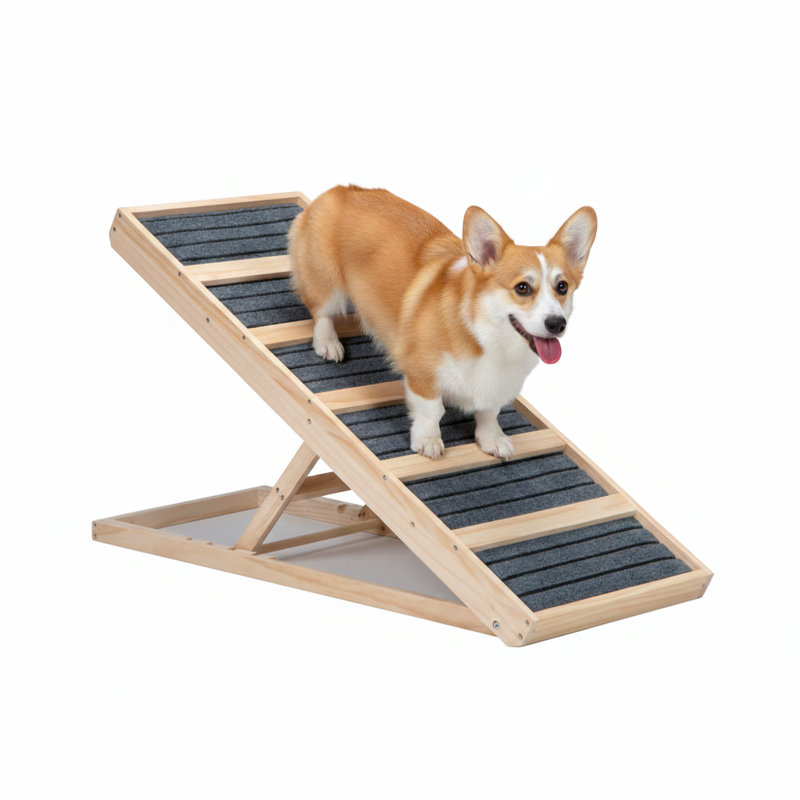 Rampe pliante en bois mesurant 39 pouces de longueur, convenant aux chiens et aux chats. Comprend des réglages de hauteur réglables entre 16,3 et 24 pouces. Équipé d'une surface antidérapante pour aider les animaux à atteindre les surfaces élevées comme les lits ou les canapés.
