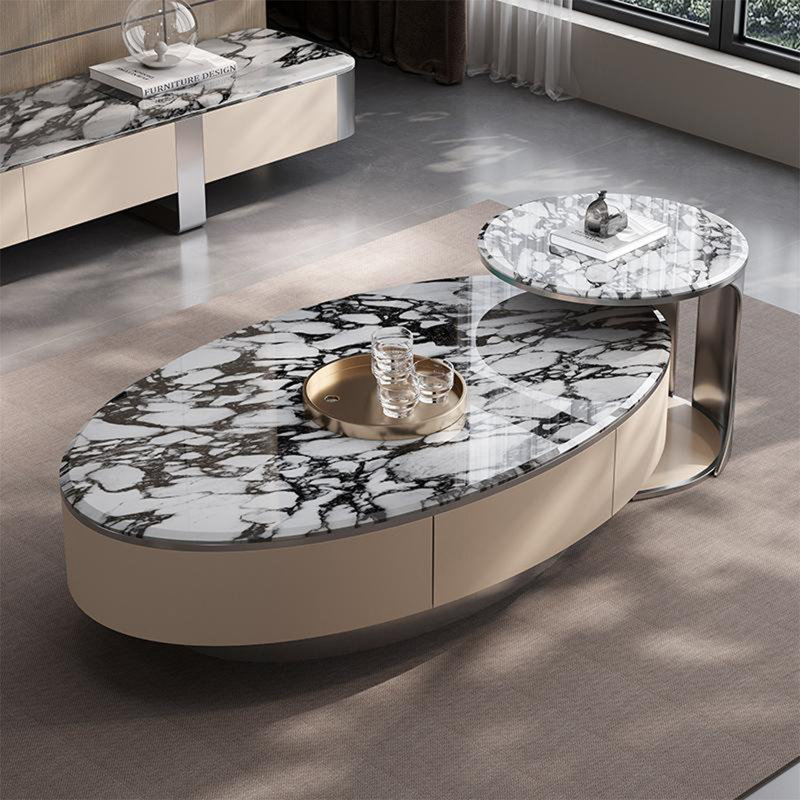 Light luxury oval marble coffee table, 15.7" H x 51.2" L x 27.6" D
