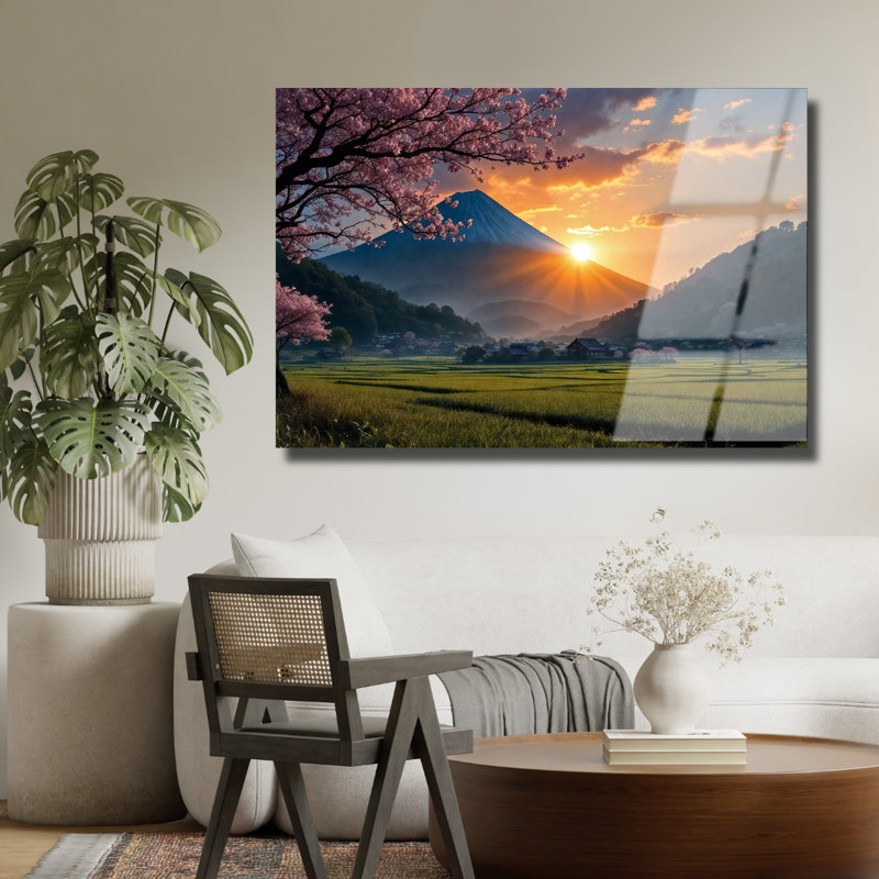 Mont Fuji au coucher du soleil, art mural en verre trempé, 24" H x 36" W