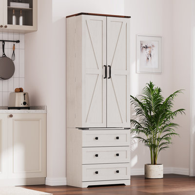 72" Tall Pantry Storage Cabinet – Freestanding Farmhouse Style with Sliding Barn Doors, 3 Drawers, Adjustable Shelves – Storage Organizer for Kitchen, Dining, Bathroom-Brown and White Color