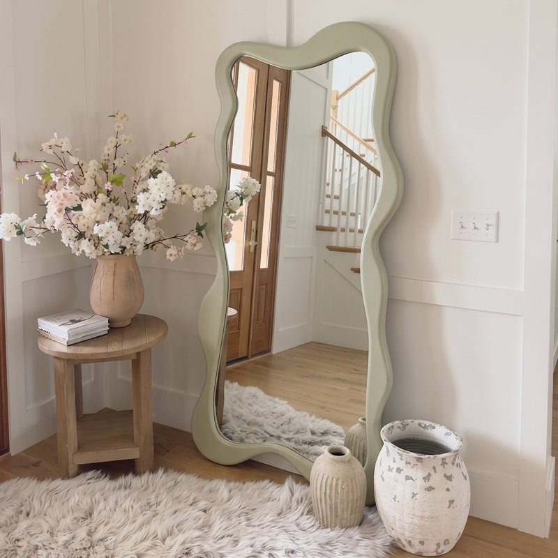 Wavy Irregular Full Length Floor Mirror, Soft Sage Green Curved Frame Standing Mirror