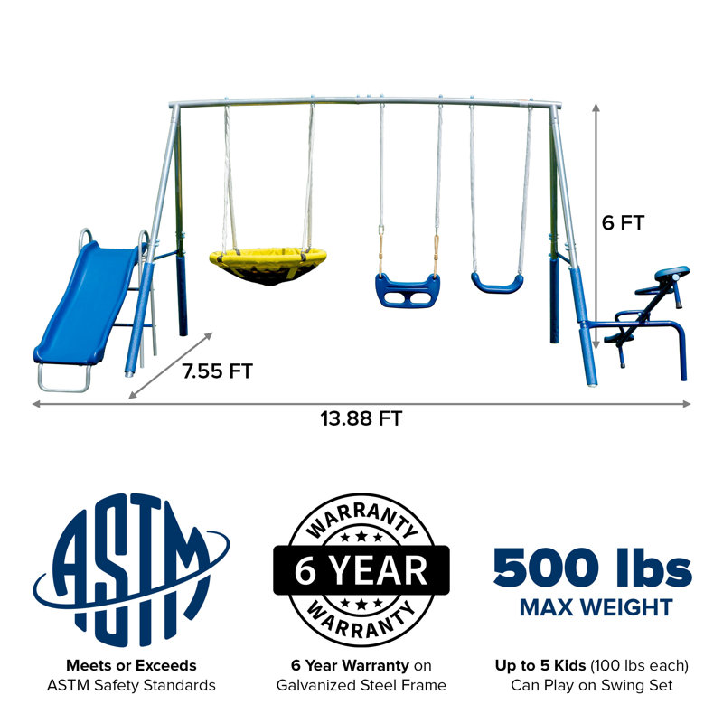 Sportspower Taylor Galvanized Metal Swing Set With Blow Molded Swing, Standing Swing, 2 Person Teeter Totter, 32" Saucer Swing, And 5' Slide, Bonus 4pc Anchor Kit Included