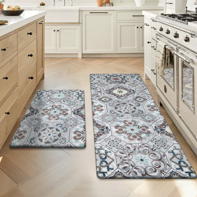 Alishia Anti-Fatigue Non-Skid Memory Foam Waterproof Kitchen Mat (Set of 2), Runner 18" x 30" + 18" x 48", Brown/Gray