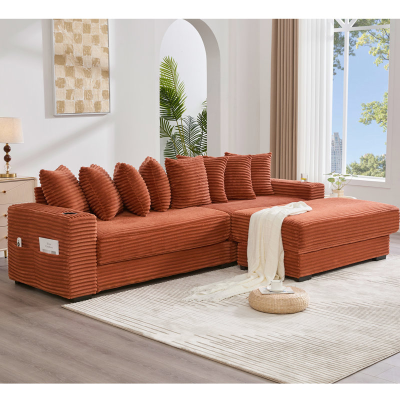 110.75" Modular L Shaped Sofa, Corduroy Fabric Sectional Couch,With A Movable Footstool, Cup Holders,Bring 8 Throw Pillows,Side Pocket,Unfold Into A Bed,Orange