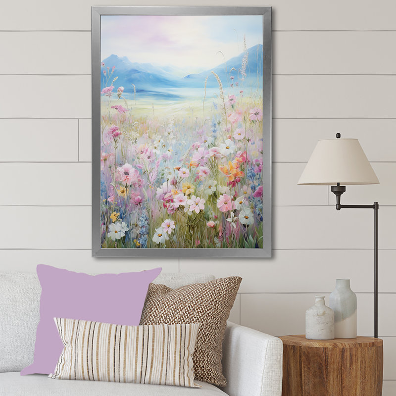 Kawaii Meadow Landscape - impression, Cadre simple argenté, H 32 po x l 24 po x P 1 po