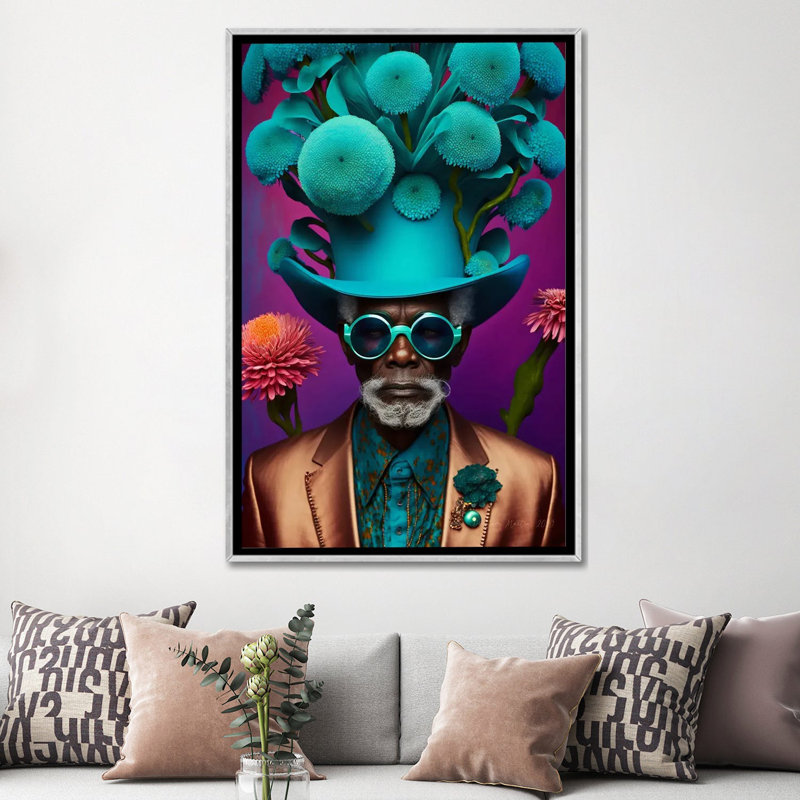 Papy africain rétro futuriste - Champignons VII, Encadrement argenté, H 60 po x l 40 po