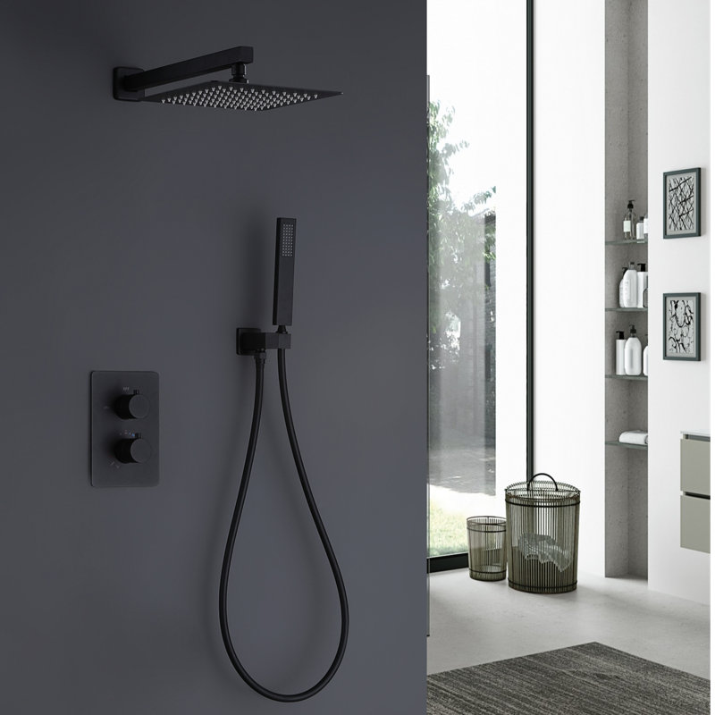Ensemble de robinet de douche thermostatique complet à deux poignées avec valve brute, Noir mat
