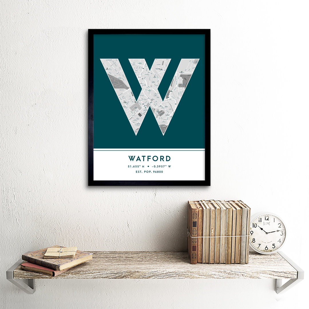 Watford City Map Watford England United Kingdom City Map Teal - Single Picture Frame Typography