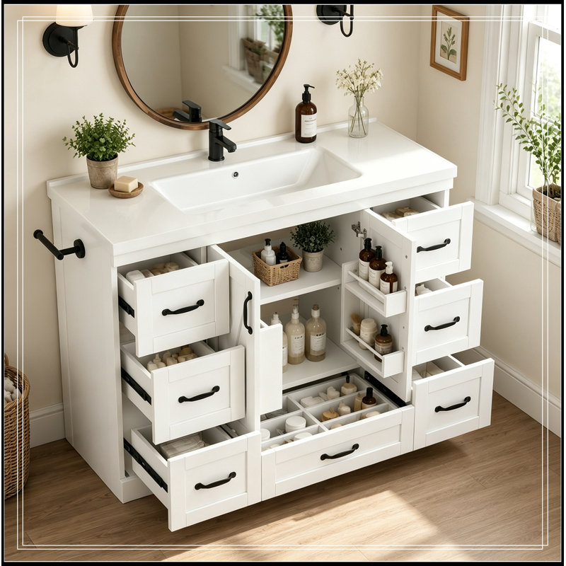 Meuble-lavabo de salle de bain avec lavabo, 7 tiroirs de rangement, tablette réglable et barre à serviettes latérale, Blanc