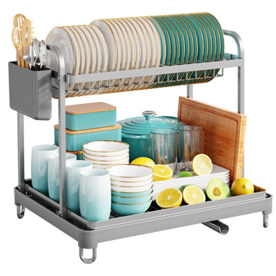 Égouttoir à vaisselle à 2 niveaux - Égouttoir à vaisselle en acier inoxydable avec porte-couverts et ustensiles pour comptoir de cuisine, rangement et évier pour petite famille, l 15 po x L 11,4 po x H 15 po, noir