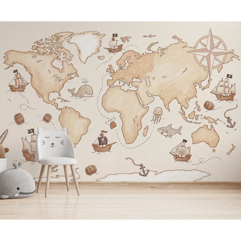 Papier peint carte du monde aventure nautique, Non tissé, 160 po x 108 po