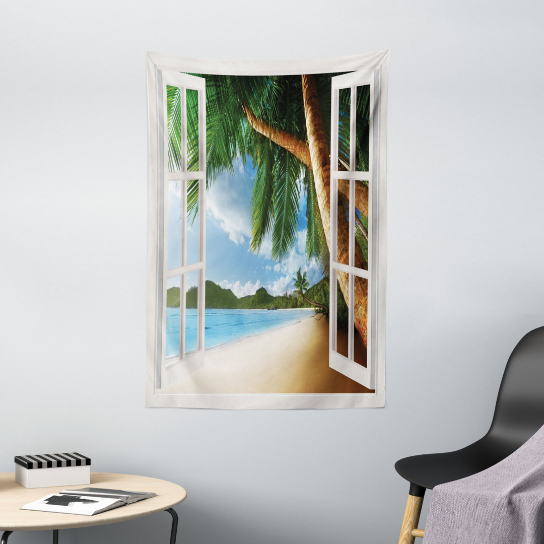 Wandbehang Nautical Theme Fenster Blick auf Palmen auf Sandstrand Foto-Landschaft