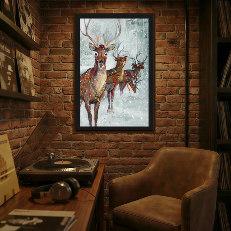 Animaux, renne dans un paysage d'hiver enneigé avec lumières, H 36 po x l 24 po
