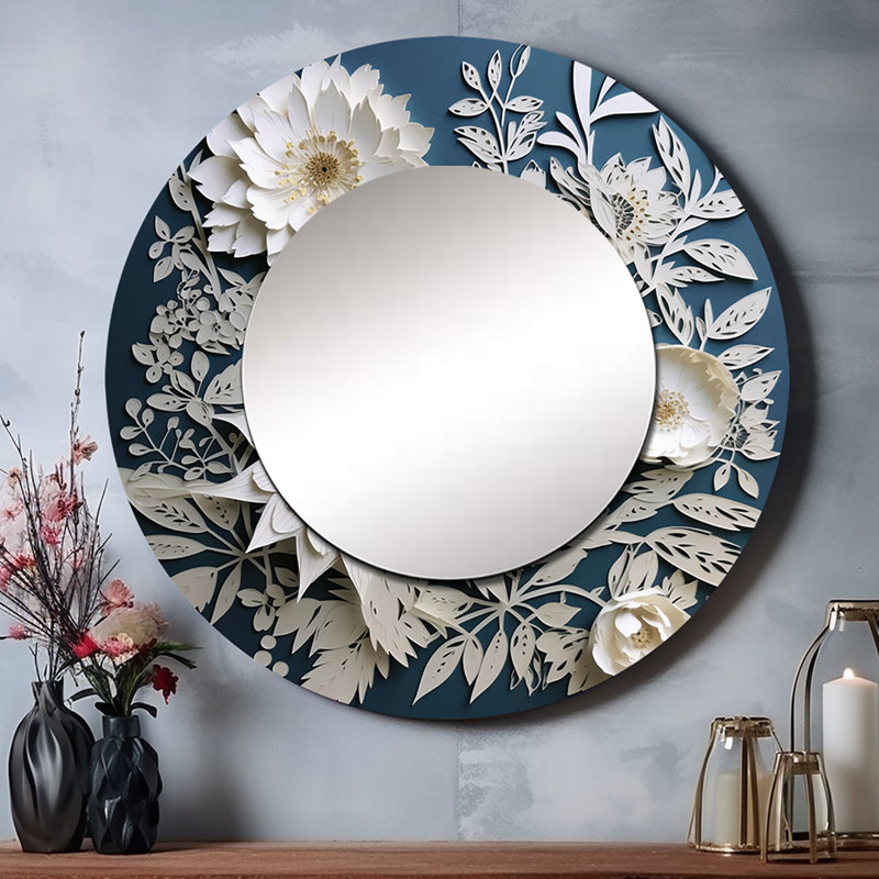 Élégance de bouquet de fleurs blanches et bleues Odeline - miroir mural traditionnel, 36 po x 36 po
