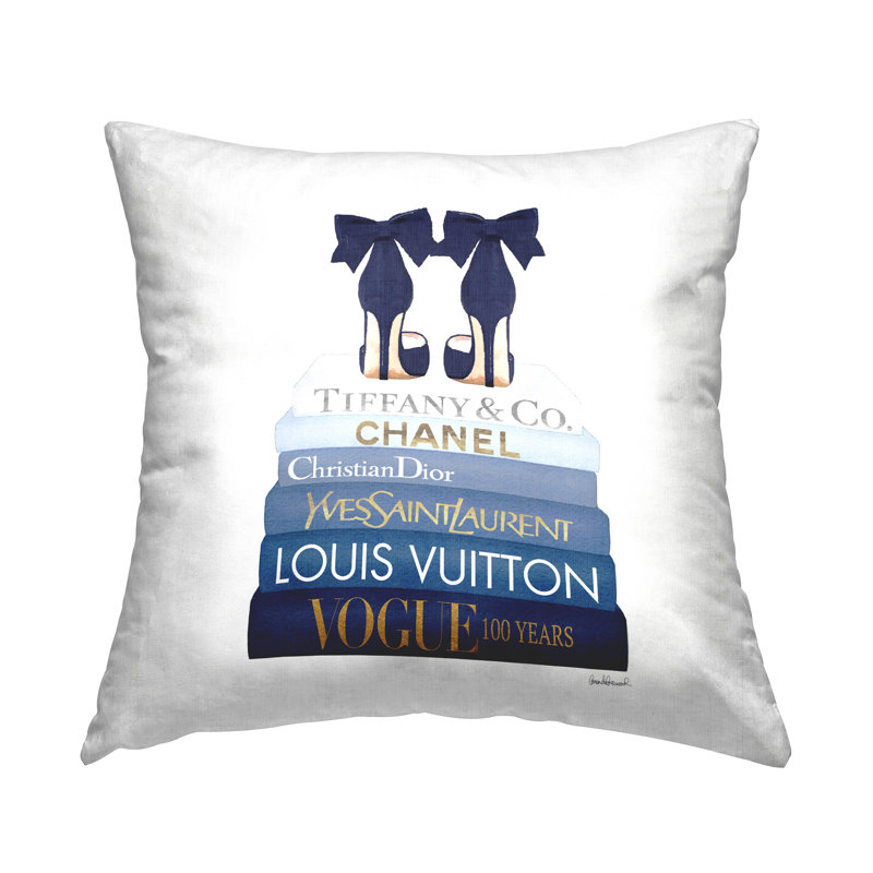 Stupell Industries Navy Blue Fashion Heels Glam Brand Bookstack Printed Throw Pillow by Amanda Greenwood