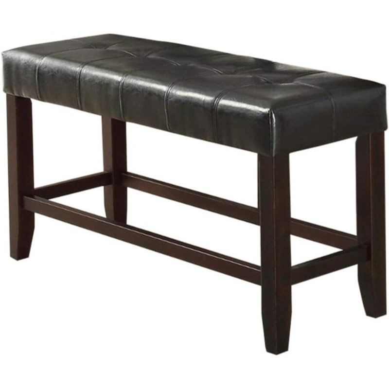 Counter Height 1Pc Bench Dining Room Black Faux Leather Cushion Tufted Seat Wooden Base Comfort Seat Kitchen Dining, Black
