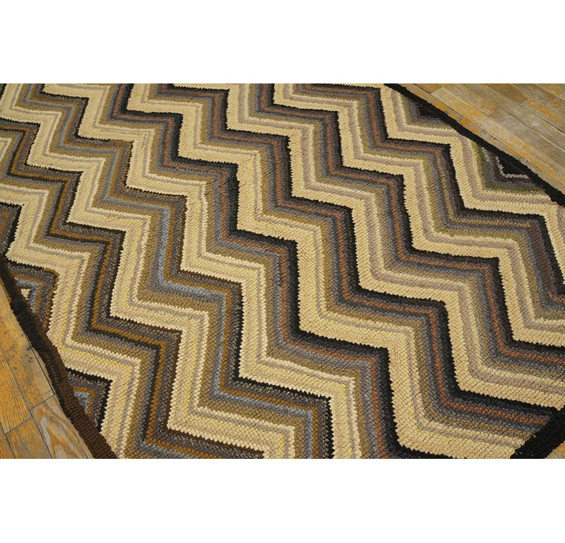 Tapis crocheté en laine à tissage plat américain rétro des années 1960 Zig Zag 4 pi x 6 pi