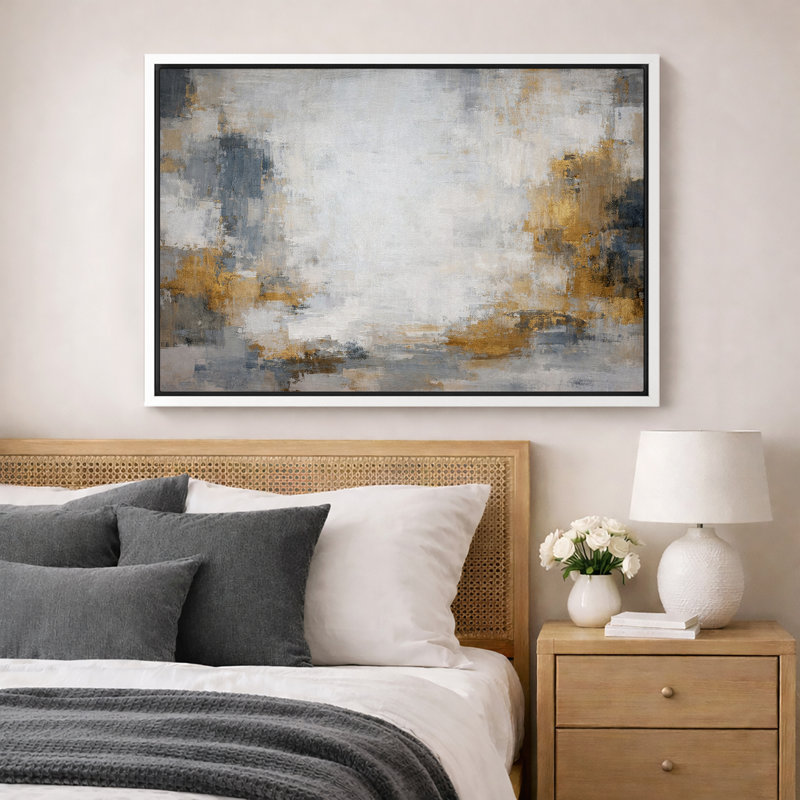 Abstrait, neutre, gris doré, horizon, paysage, images de salon calmes, impression sur toile encadrée, Cadre blanc
