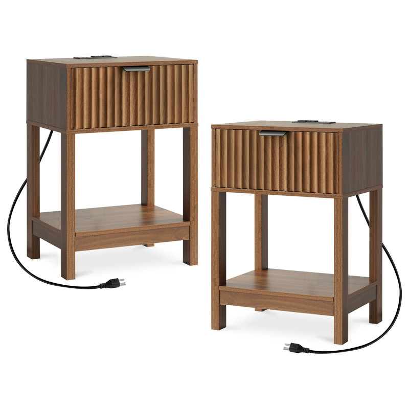 Table de chevet, ensemble de 2 avec station de charge, ensemble de table de chevet en bois avec tiroir et tablette ouverte pour la chambre à coucher, Nature