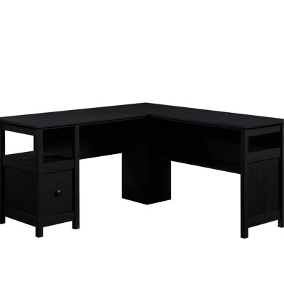 Élégant bureau en forme de L avec une finition stratifiée noire, un tiroir classeur et un assemblage rapide, pour une utilisation en dortoir avec une tablette ouverte en L pour la gestion des câbles, une organisation de travail de bureau adaptée