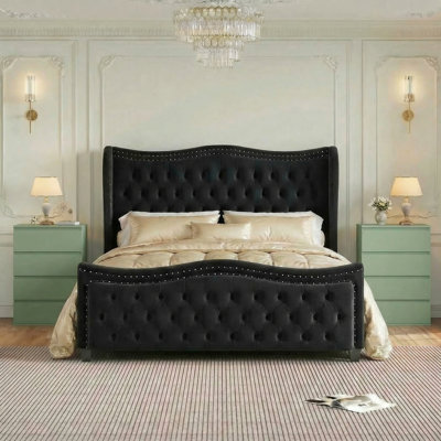 ON SALE 3-Piece Bedroom Sets, Tufted Velvet Upholstered Wingback Bed & 2-Piece 4-Drawer Nightstands