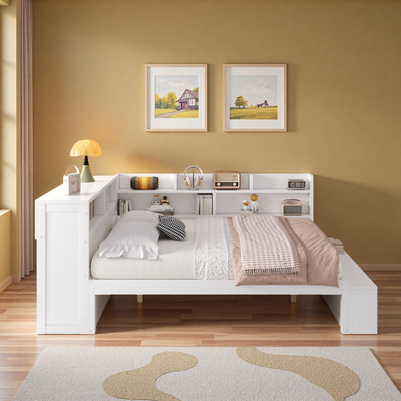 L-shaped Daybed With Storage Cabinets, Shoe Cabinet And Usb Ports, White