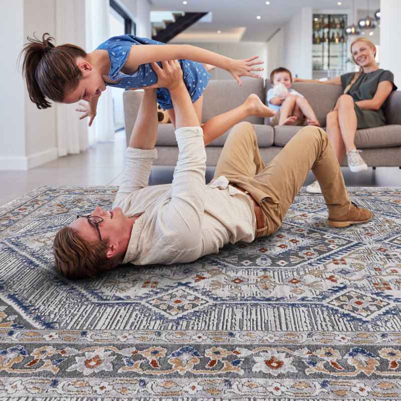 Blue/Cream/Bordered Non-Shedding Area Rug - Stylish & Stain Resistant For Living Room, Bedroom, Dining Room, Or Home Office