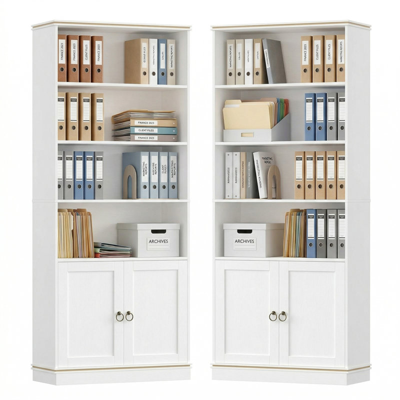 2-piece White Office File Cabinet, Tall Storage Cabinet With 2-door Cabinet & 4-tier Open Shelves, Multipurpose Office Storage For Home Office & Home Library