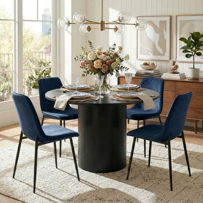 Folmar 4 - Person Dining Table Sets With 41.5'' Round Table & 4 Upholstered Chenille Chairs, Dark Blue