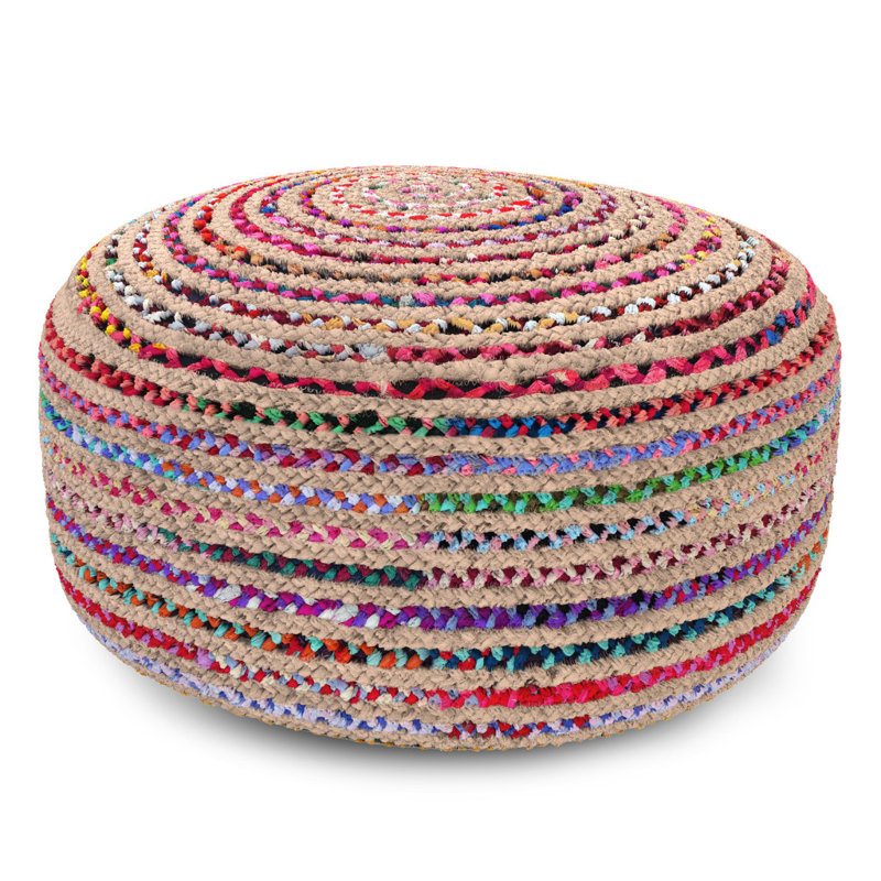 Pouf rond 30 po en jute et coton rayé bleu naturel et rouge