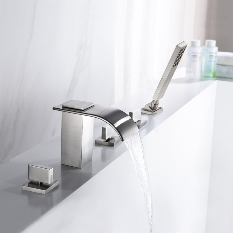 Sumerain Waterfall Bathtub Faucet, Deck Mount High Flow Roman Tub Faucet with Handheld Shower, Brushed Nickel