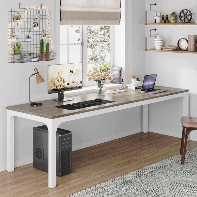 78.7" Extra Long 2-Person Computer Desk, Oak & White Heavy-Duty Steel Legs, Modern Collaborative Workstation