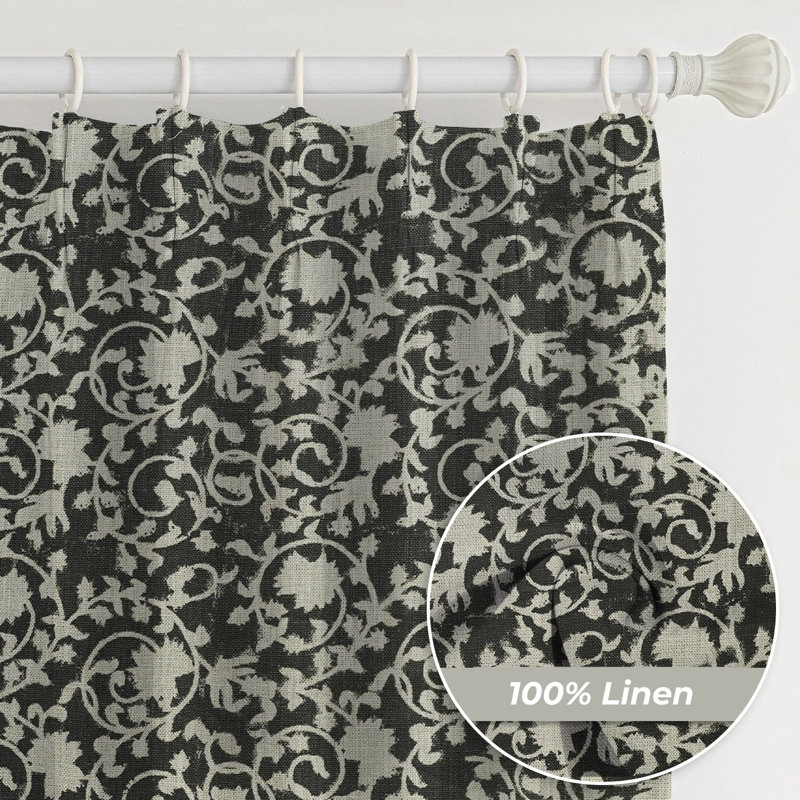Fabdivine Black Handmade Heavy Linen Home Decorative Curtain 27x84 Inches, Floral 100% Blackout Block Print, Two-Side Panel Set with Pleated Pinch, Perfect for Living Room, Office, or Patio, Devdas