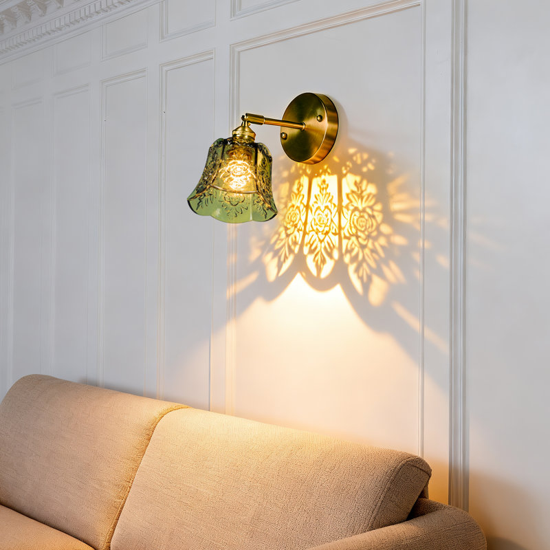 Vintage Floral Green Glass Wall Sconce,5.7 Inch Brass Finish Wall Lamp