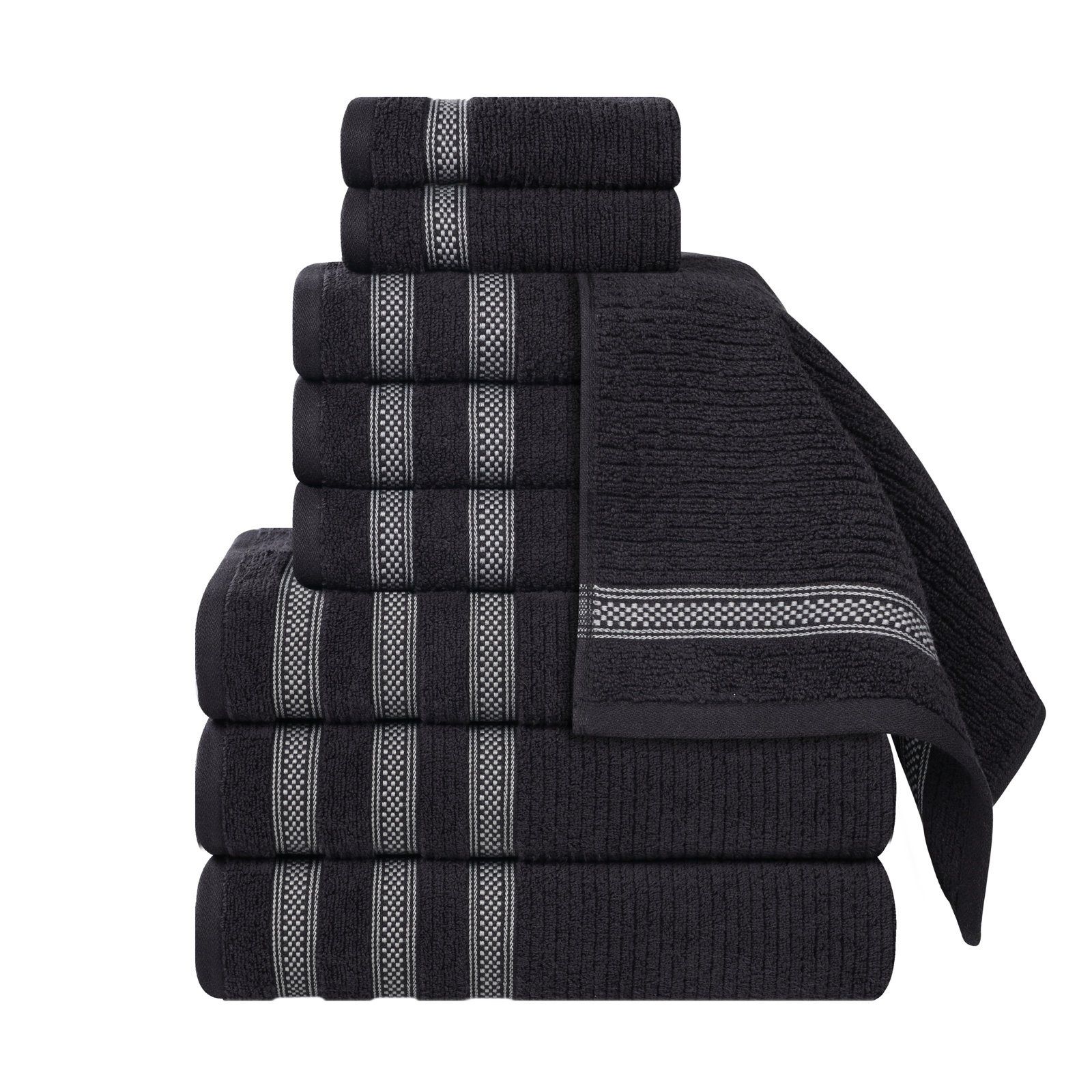 9-Piece Geometric Zero-Twist Cotton Towel Set, Black, 9PCs set: (3 Face, 3 Hand & 3 Bath towels)
