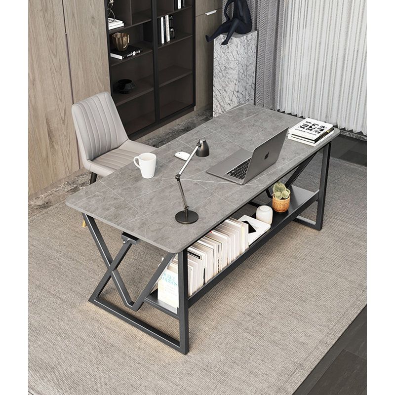 Rectangular Sintered Stone Tabletop Desk, Gray, 29.53" H x 55.12" W x 27.56" D, Black