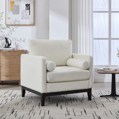 Fauteuil d'appoint de style campagne moderne de 35,4 po de largeur avec pieds en bois naturel, fauteuil de lecture à base de bois et canapé avec deux traversins pour les bureaux et les salons