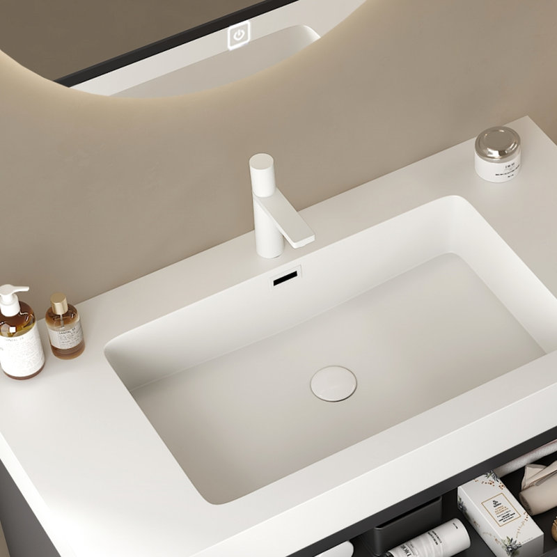 Lavabo encastré rectangulaire de 36 po pour salle de bain - surface solide blanche, moderne et scandinave, résistance aux égratignures, facile à nettoyer, trou de robinet et trop-plein, tuyau d'évacuation extensible avec couvercle d'évier