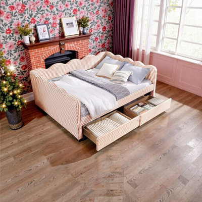 Full\Queen Size Daybed With Storage Drawers, USB Port, Wave Design Linen Fabric Bed