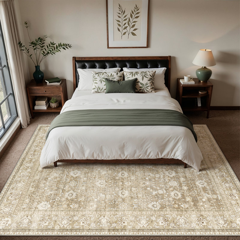 Kitty Machine Washable Oriental Area Rug with Non-Slip Backing, Rectangle 6' x 9', Beige