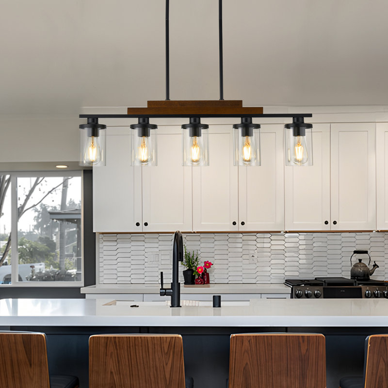 5-Light Kitchen Pendant Light, Two-Tier Wood Chandelier