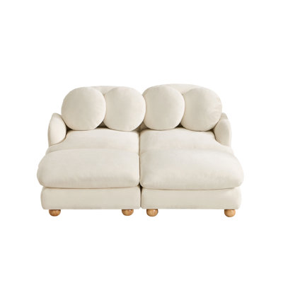 Ensemble canapé modulable 4 places en chenille avec 2 poufs, 4 coussins ronds et pieds en bois massif, couleur crème ivoire