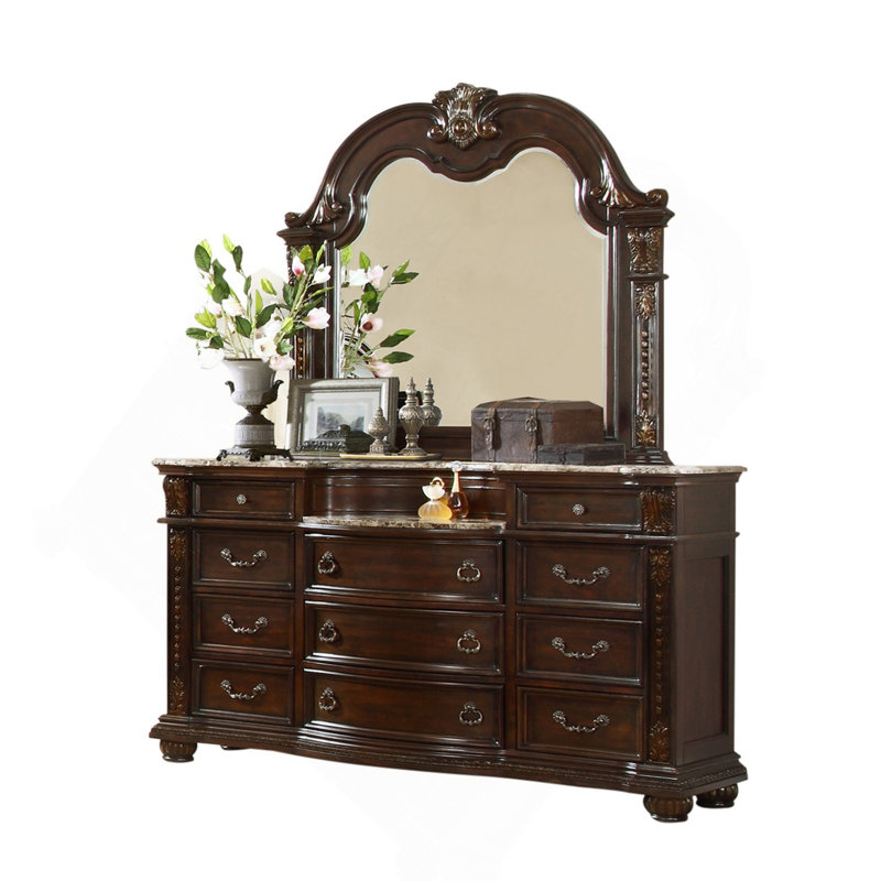Commode 11 tiroirs de style traditionnel avec poignées en métal en bois de noyer foncé