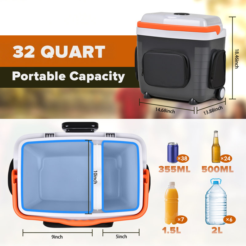 32 Qt (30l) Electric Cooler/warmer With Wheels, Portable 12v Car Refrigerator With Handle, Ice Pack Divider, Removable Lid,thermoelectric Fridge For Travel Camping Vehicles Truck Home