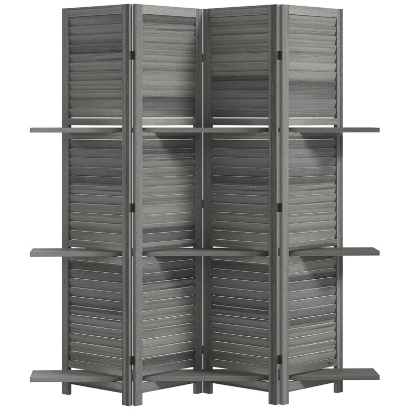 Paravent de chambre en bois gris, 4 panneaux de 170 cm de hauteur, avec 3 étagères et rangement pliable, occultant et 3 étagères.