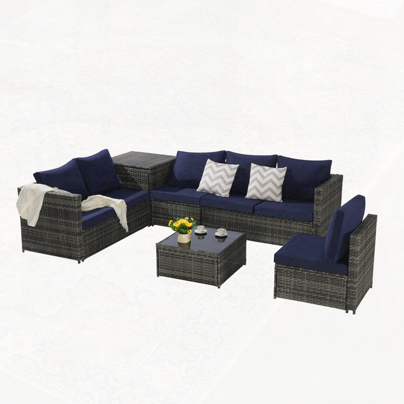 Ensemble modulaire d'extérieur tissé en forme de L pour patio, ensemble de conversation avec table d'angle, Bleu très foncé