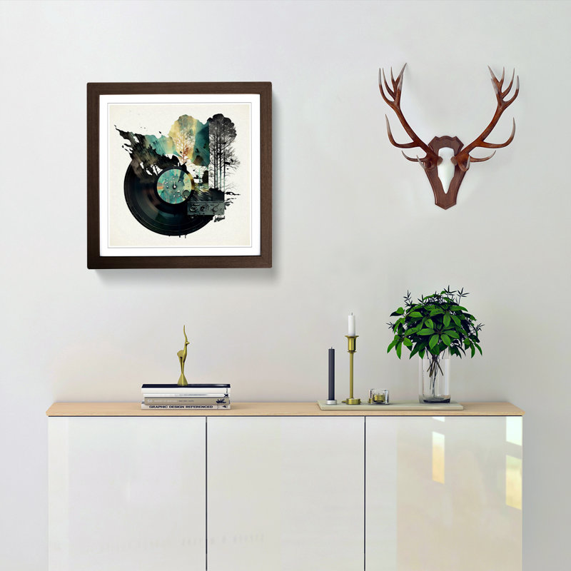 Vinyl Record Player Double Exposure - Single Picture Frame Print on Wood, Walnut