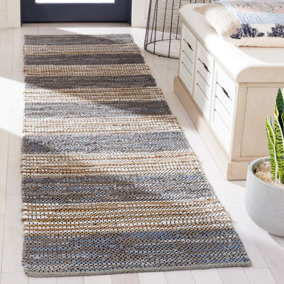 Gerelene Vintage Leather Hand Woven Leather/Jute Striped Rug in Gray/Natural