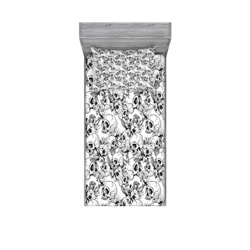 Twin XL Black and White Skull Print Microfiber Sheet Set