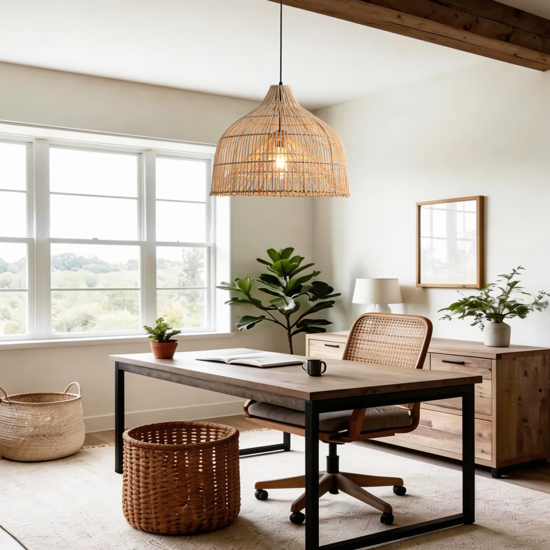Rattan Pendant Light, Natural Wicker Shade, Iron Frame, Adjustable Height, E27 Socket, 50 Cm Diameter, For Living Room Dining Area (Bulb Not Included)